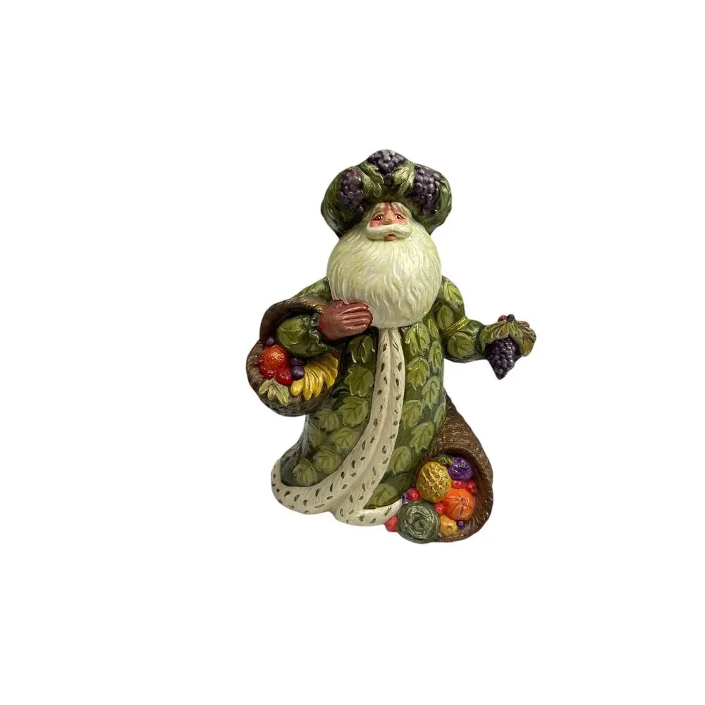 Vtg Old World Santa Claus Figurine | Green Leaf-Adorned Coat & Fruit Accents 9”‎